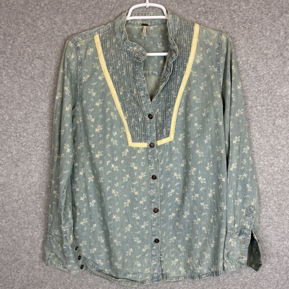 Free People Blouse Small Hillside Chambray Denim Bibbed Floral Pintuck Button-up